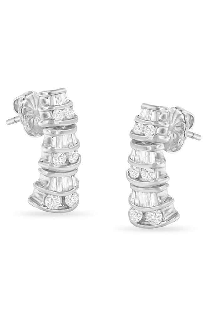 14KT White Gold 7/8 cttw Bagutte & Round Brilliant-Cut Diamond Dangle Earrings